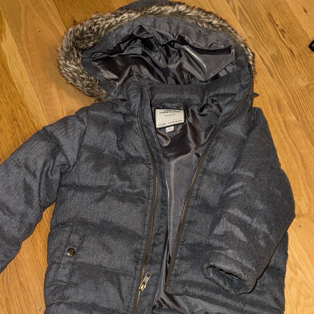 Gray Hooded Puffer Jacket with Faux Fur Trim Janie and jack 2t